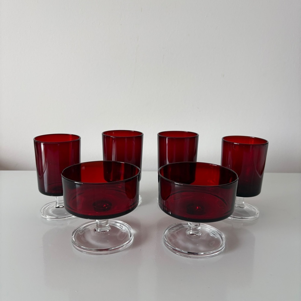 6 x French Ruby Red Luminarc Arcoroc Cavalier Stemware Mismatched
